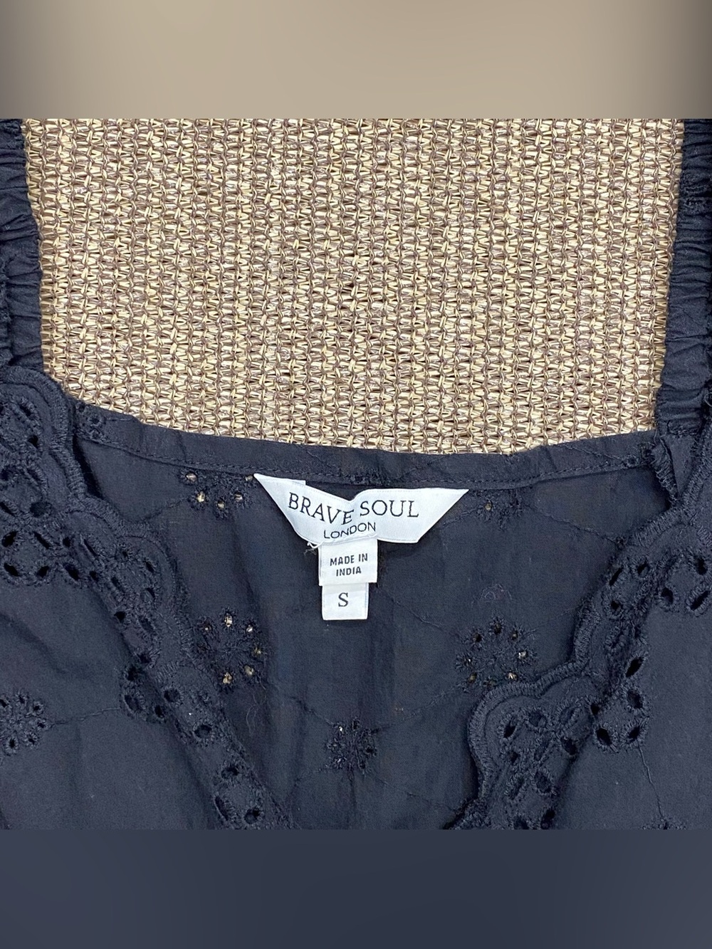 Brave Soul London Black Eyelet Milkmaid Mini Dress Puff Sleeve Small Cottagecore - Picture 2 of 7